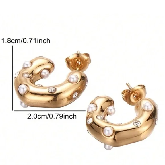 18K Gold Plated Stainless Steel Pearl Hoops Earrings - Picture 5 of 7